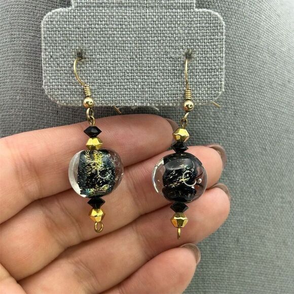 Black & Gold Tone Swirl Glass Marble Beaded Dangle Earrings Hook Handmade - Picture 2 of 8
